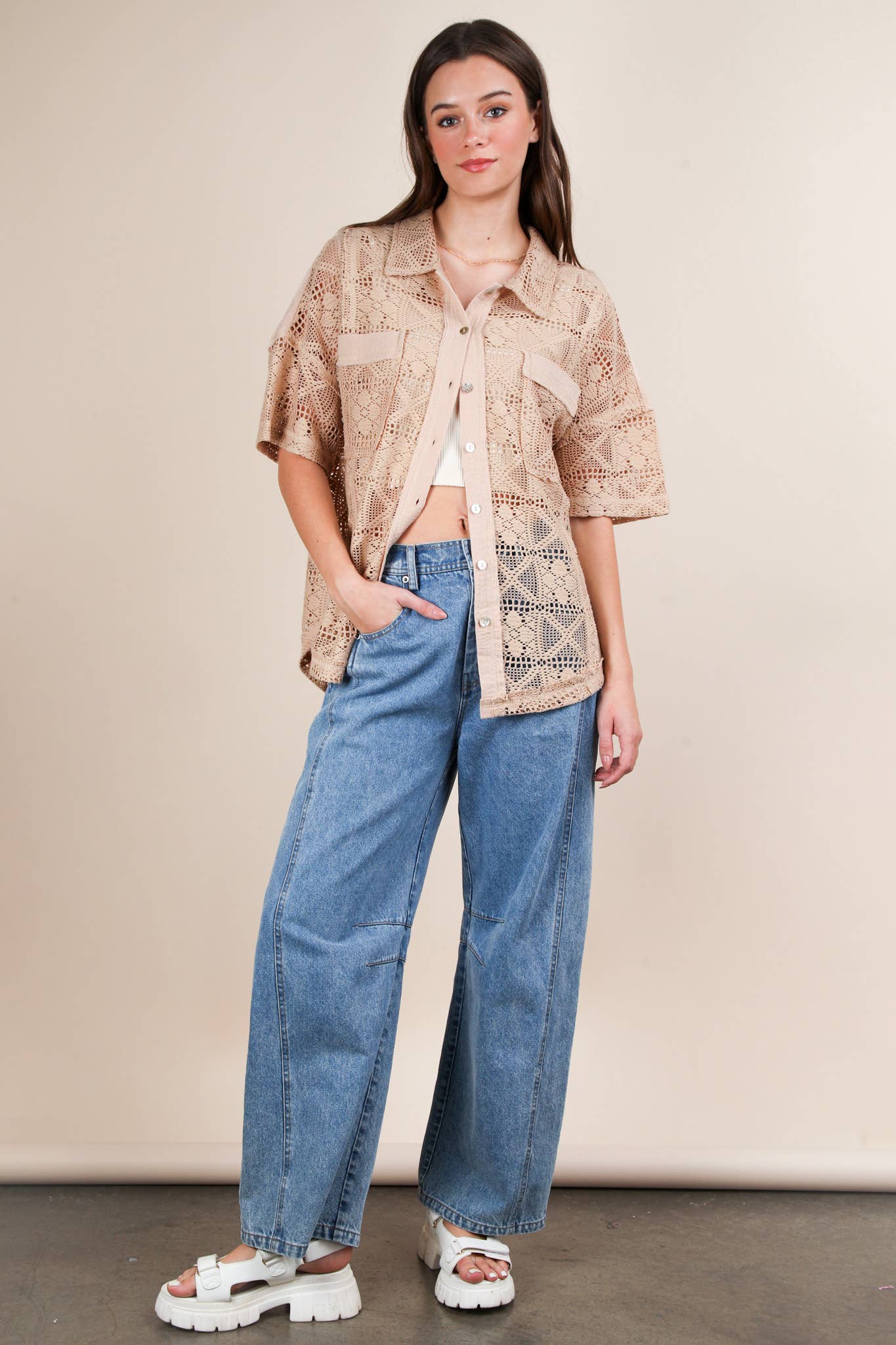 VERY J - Wholesale Jacket - Women's - NT12083-Oversized Crochet Button Down Shirt Top19