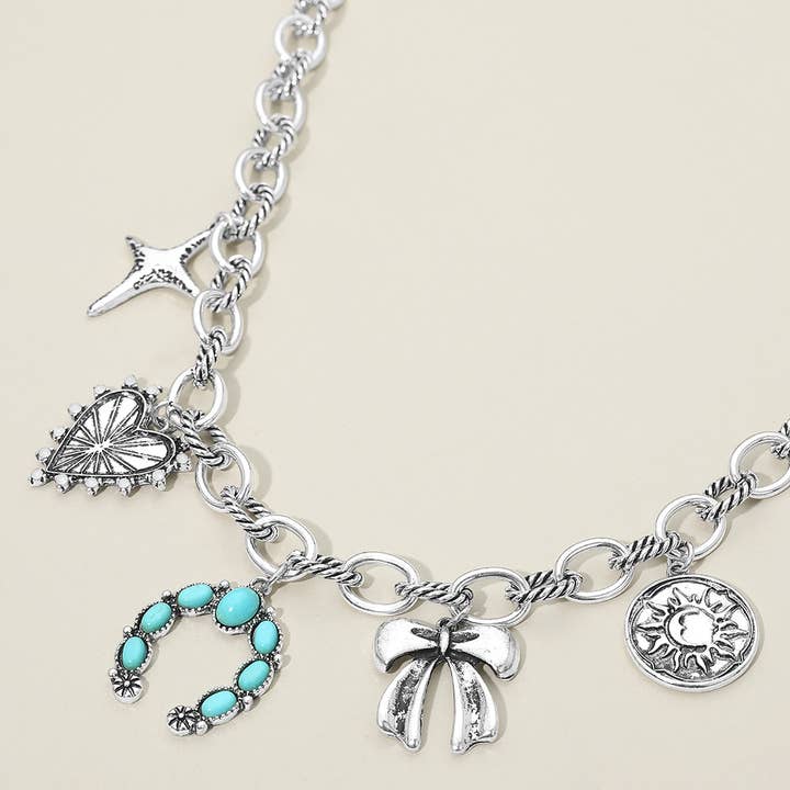 Vintage Bow Heart Turquoise Horseshoe Charm Station Textured Chain Necklace for wholesale by Sensibling Corp.