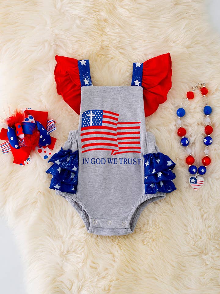 Kids Charm Online - Wholesale Bodysuit (Non-Footed) - Baby - In God we trust, gray USA flag printed onesie. RPG40440 SOL