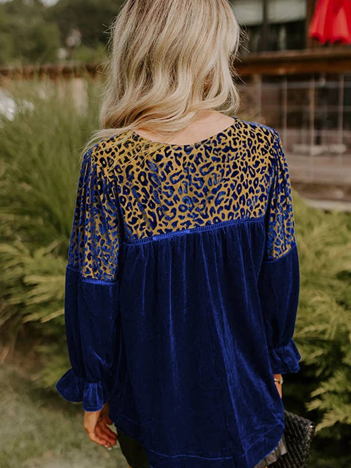 Sky Blue Leopard Patchwork Shoulder Flounce Sleeve Velvet Blouse for wholesale on Faire2