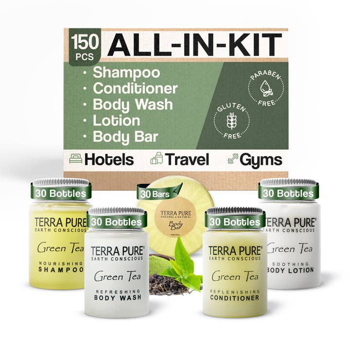Ensemble en vrac de savons et articles de toilette Terra Pure pour hôtels | Kit tout-en-un 1-Shoppe pour hôtels | Shampooing et après-shampooing de 1 oz, gel douche, lotion pour le corps et savon de 1,25 oz format voyage | 150 pièces pour la vente par Diversified Hospitality Solutions