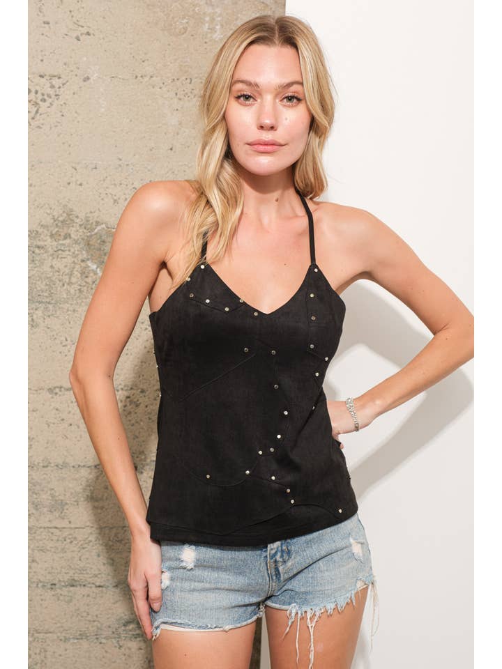 BLACK 34573T-Suede Geo Patchwork Studded Detail Cami Top for wholesale on Faire2
