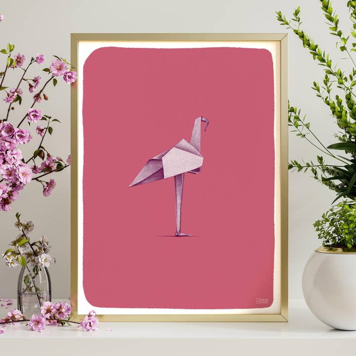 Japansk kunstplakat Origami Flamingo lyserød vægdekoration for engroshandel hos le murmure des murs