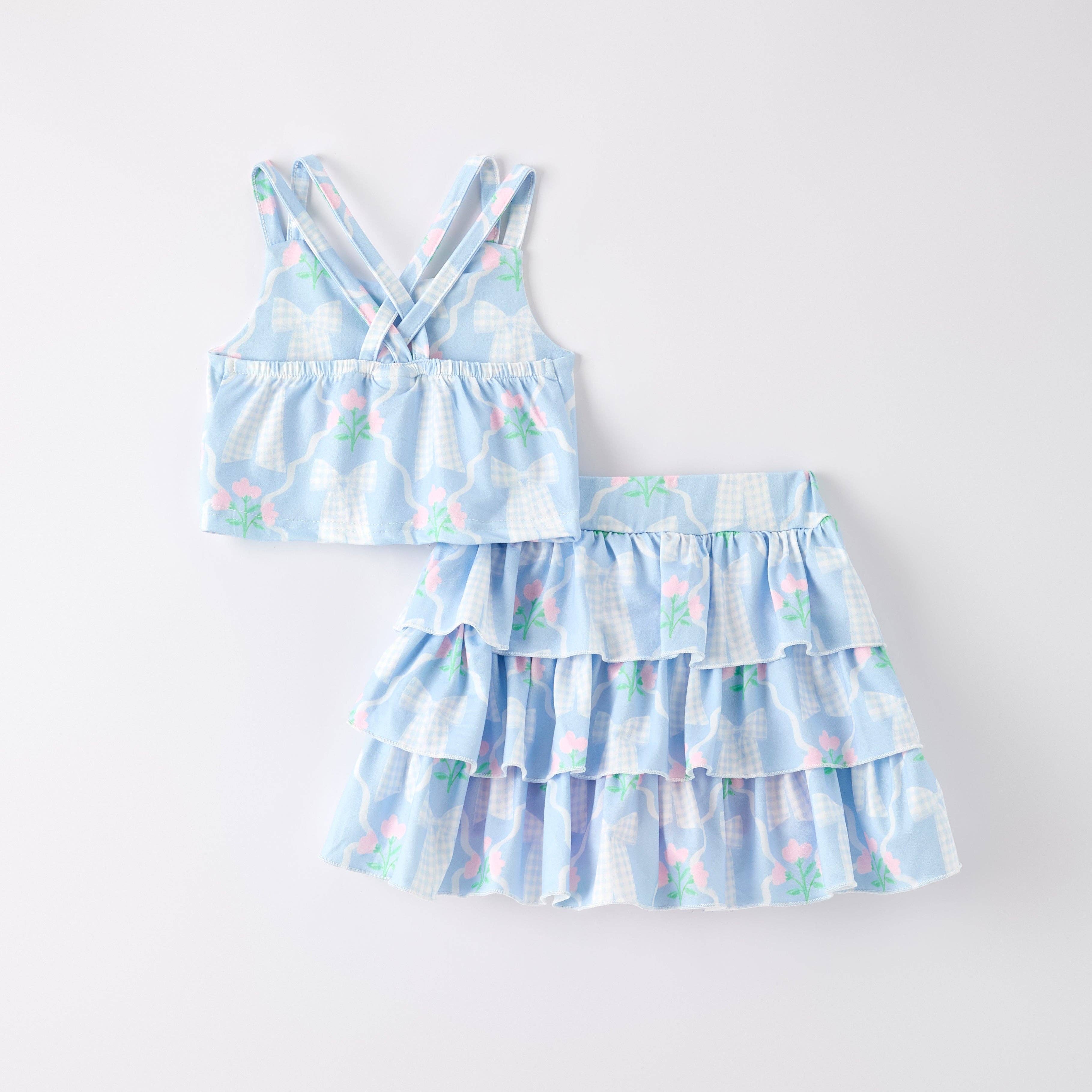 Auraquise - Wholesale Top & Short Set - Kids - Girls Summer Blue Pink Bow Print Athletic Ruffled Skirt Set1