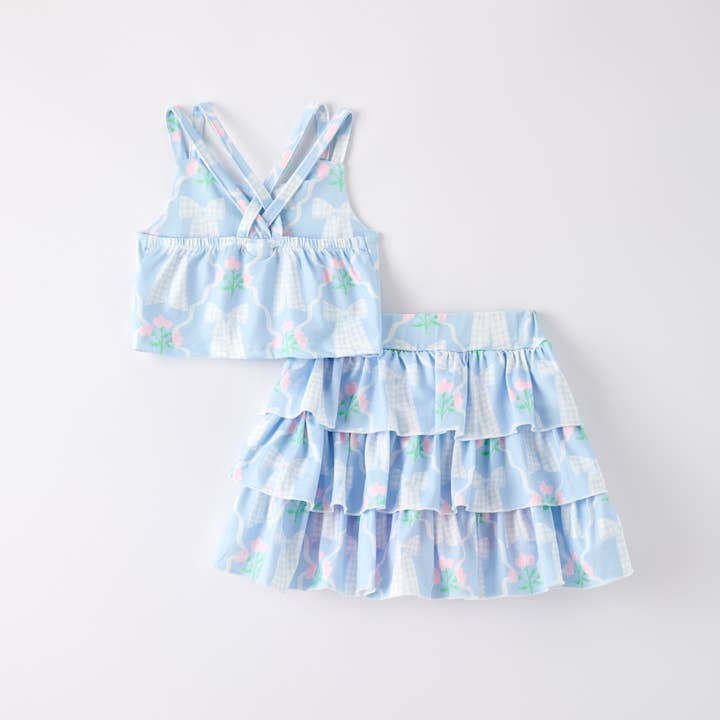 Auraquise - Wholesale Top & Short Set - Kids - Girls Summer Blue Pink Bow Print Athletic Ruffled Skirt Set1