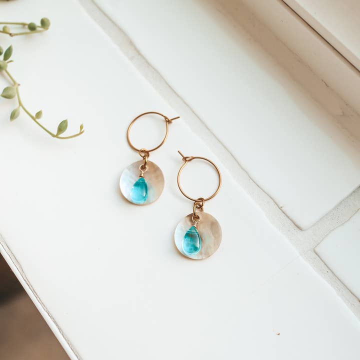 Bali Soul - Wholesale Dangle Earrings - Ocean Breeze Akoya Shell with Glass Teardrop Hoop Earrings
