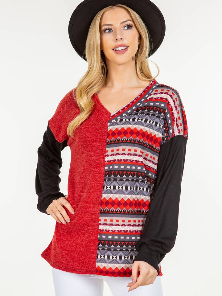 CT43813 -TOP COLORIDO DECOTE EM V COM MANGAS COMPRIDAS por atacado de Celeste Clothing