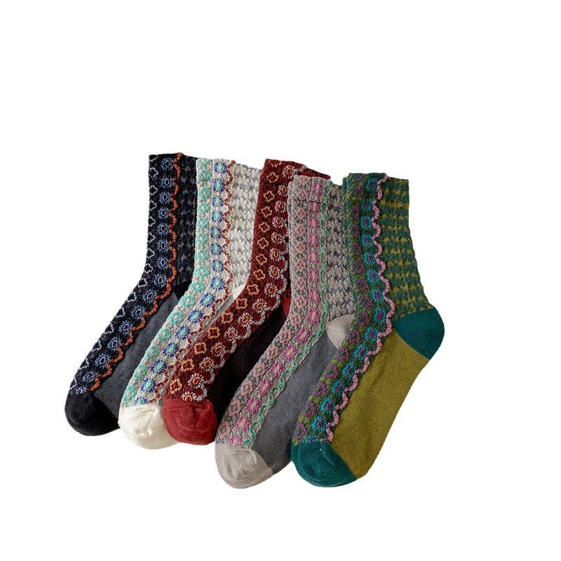 Tourtiwi - Wholesale Socks - Women's - Retro colorblocked small floral wavy pattern mid-calf socks6