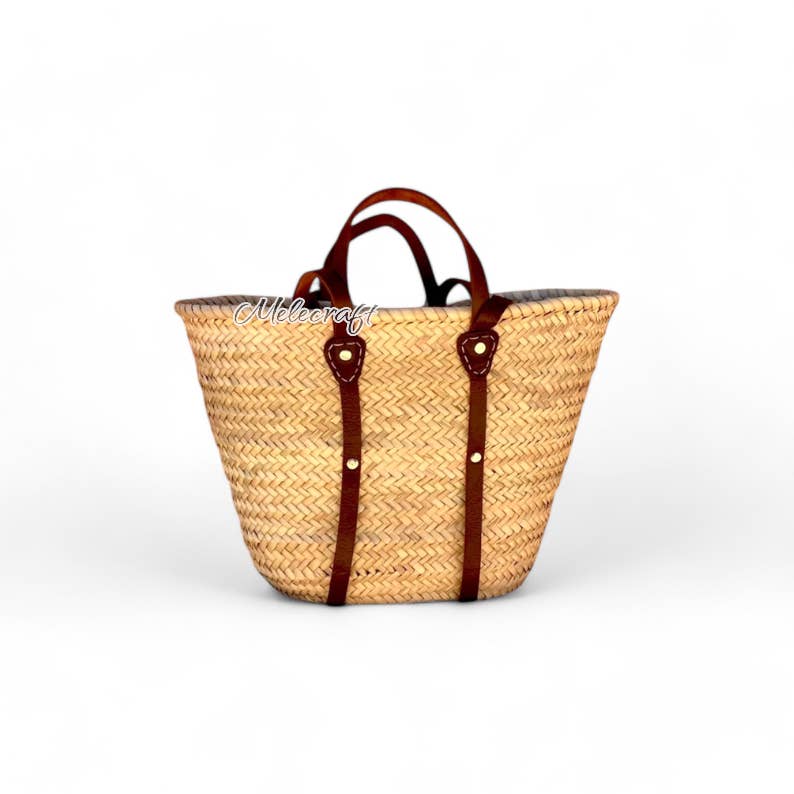 Melecraft - Vente Sac de plage - Panier de marché en paille fait main avec anses en cuir