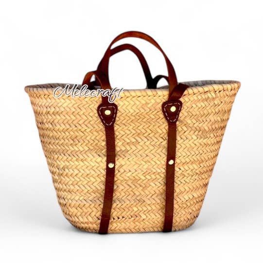 Handmade Straw Market Basket with Leather Straps for wholesale by Melecraft
