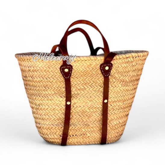 Handmade Straw Market Basket with Leather Straps for wholesale by Melecraft