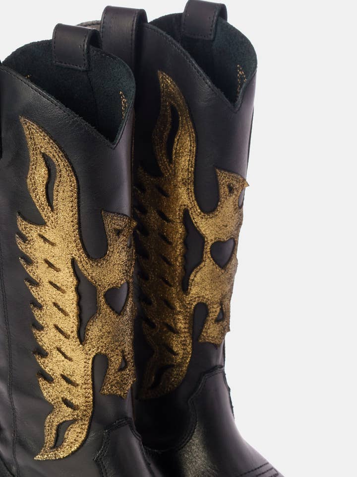 METISSE - Wholesale Boots - Women's - Black and gold calfskin Texan boots DX8224