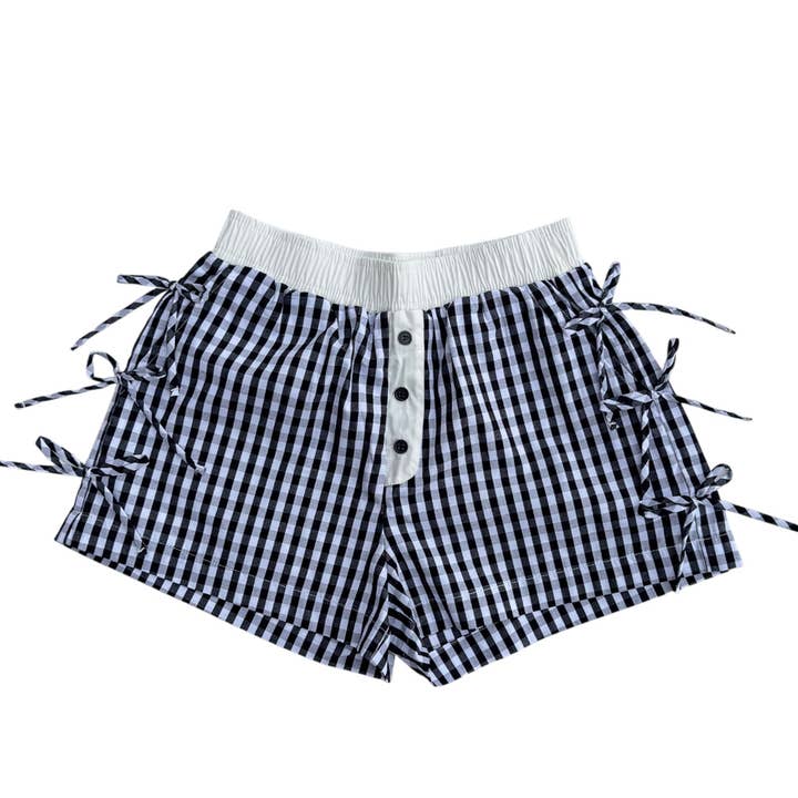 BB-4828 BUTTON BOW GINGHAM BOXER SHORTS BLACK for wholesale on Faire