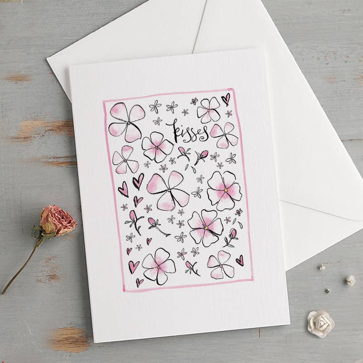 'Kisses' Roses & Hearts Decorative Card for wholesale by Gabrielle Solly Illustration