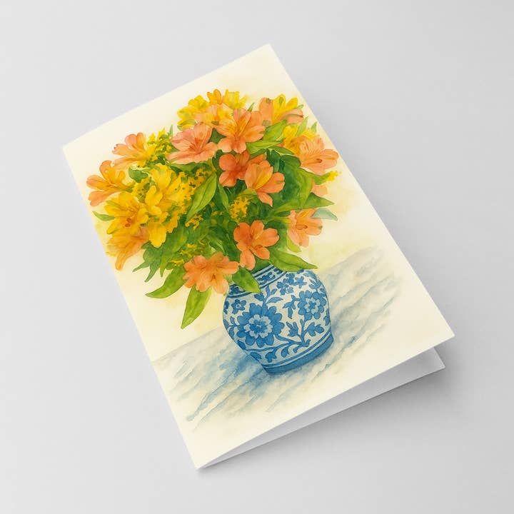 Bouquet d'aquarelle dans un vase Chinoiserie, carte de vœux A6 pour la vente par Design Carolinas