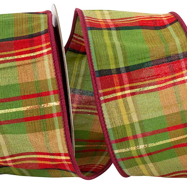 Plaid Cranberry Metallic Stripe Wired Edge, Scarlet for wholesale by RELIANT RIBBON
