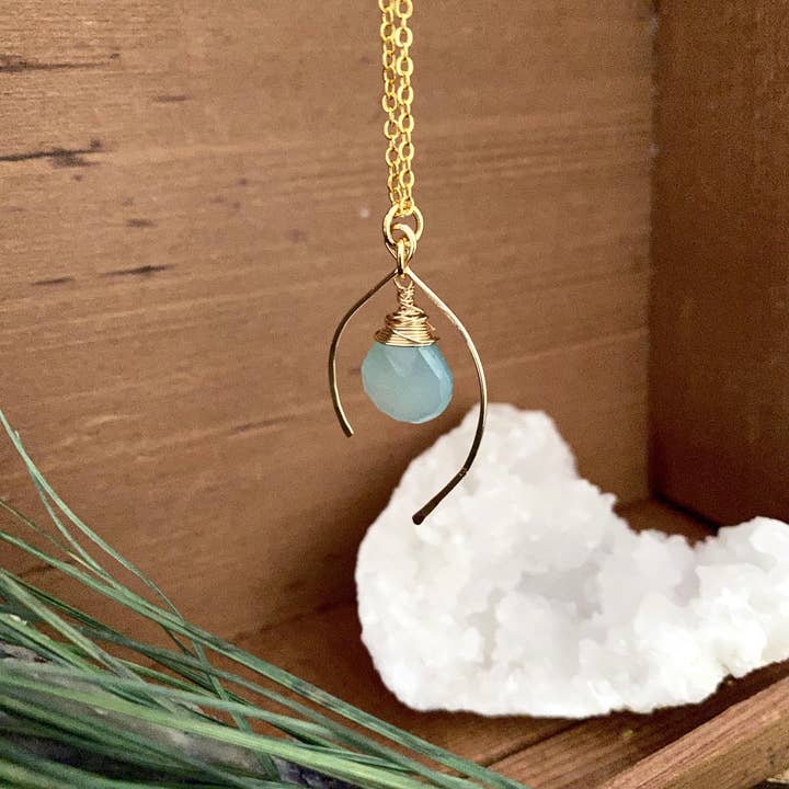 Pyrite and Pearls – wholesale Pendant/charm necklace – Wish Bone Necklace with A Aqua Blue Chalcedony Gemstone Drop1
