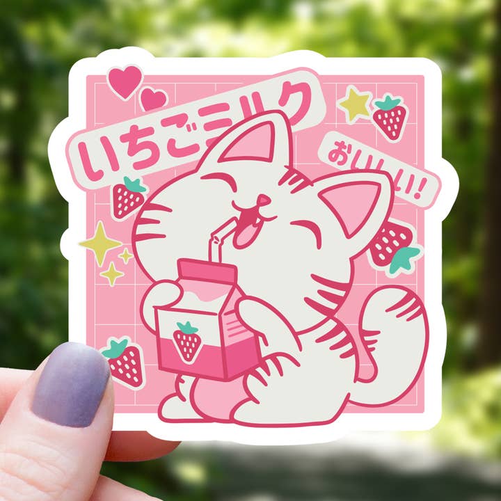 Sticker voor drinkende katten met aardbeienmelk - 3" voor wholesale door Mimic Gaming Co