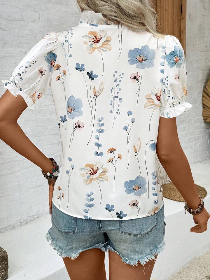White Ruffled V-Neck Floral Printed Puff Sleeve Blouse GSS127 for wholesale on Faire3
