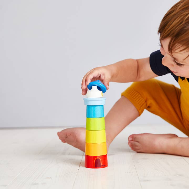 HABA USA - Vente Jouet en bois – enfant - Phare Arc-en-ciel en Bois – Jouet d'Empilage et d'Équilibre Montessori