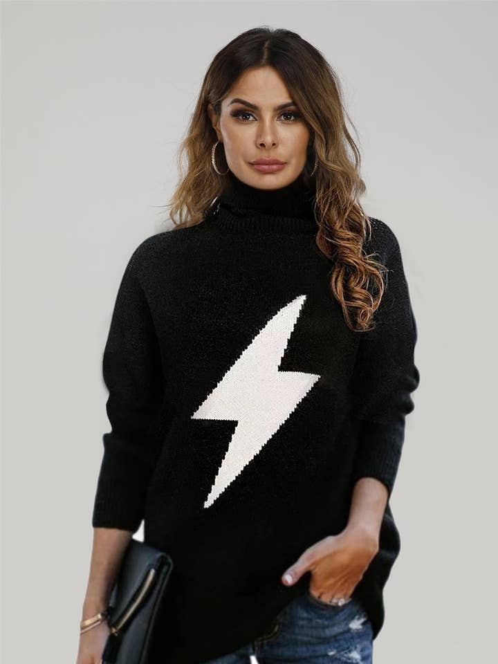 High Neck Black Jumper With White Super Bold Bolt for wholesale by FS Collection (Germany)