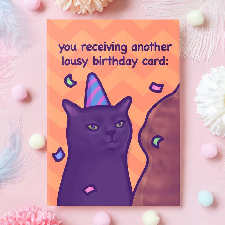 Mona Mauve • Silly Art! - Vendita all'ingrosso Biglietti di auguri - Black Cat Zoning Out | Biglietto di compleanno divertente con meme sui gatti1