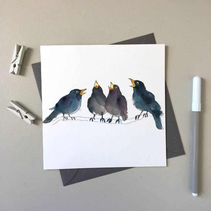 Black Birds - Veronica's Garden hand-drawn greeting card for wholesale by SJ. Vickery Designs Ltd.