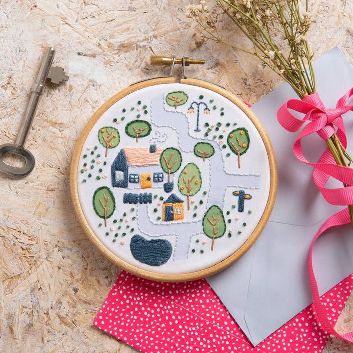 Village Cottage Mini Embroidery Kit | Complete Craft Kit for Beginners for wholesale by Hawthorn Handmade (US Duties Paid)
