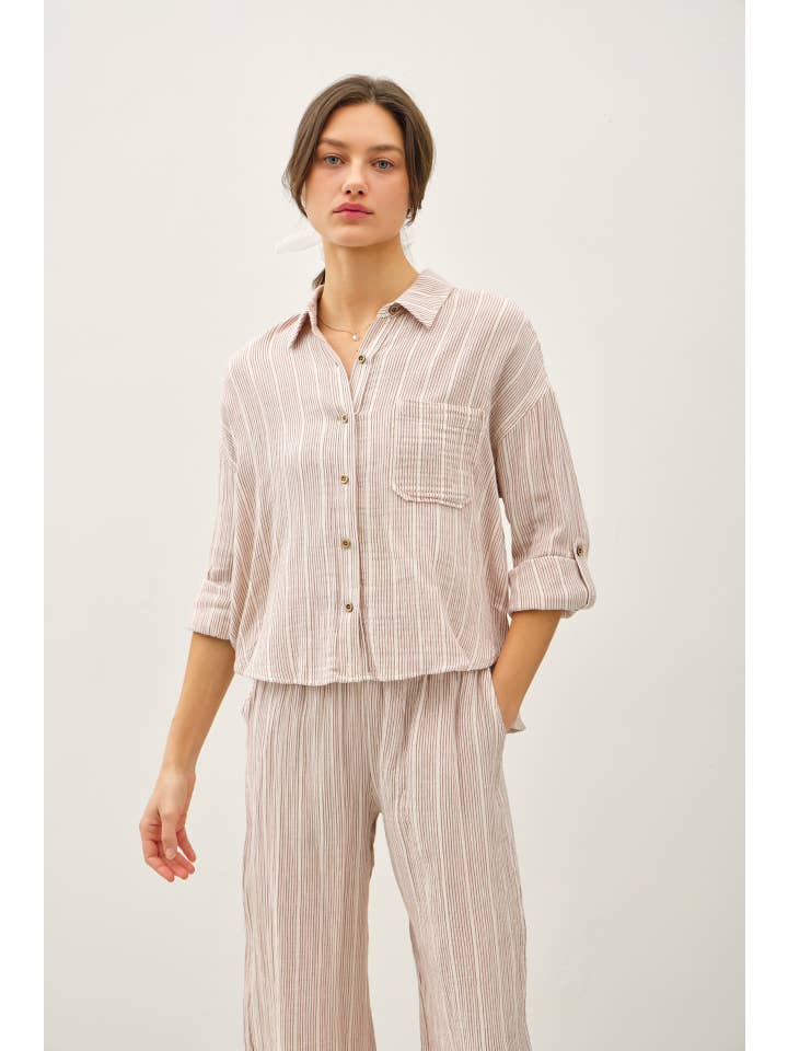 Be Cool - Wholesale Button Down Shirt - Women's - STRIPED, COTTON GAUZE BUTTON UP TOP