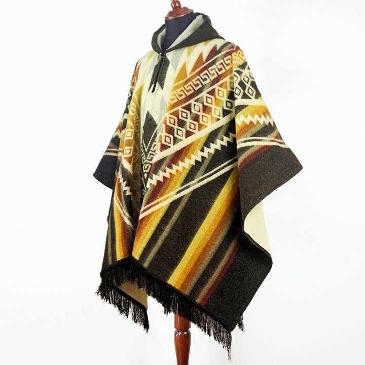 ECUALAMA - Vente Poncho – unisexe - Poncho à capuche en laine d'alpaga unisexe XXL - motif aztèque - MARRON