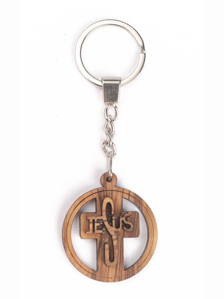 Olive Wood Keychain_ Circular Jesus Cross for wholesale by Holyland Artisans
