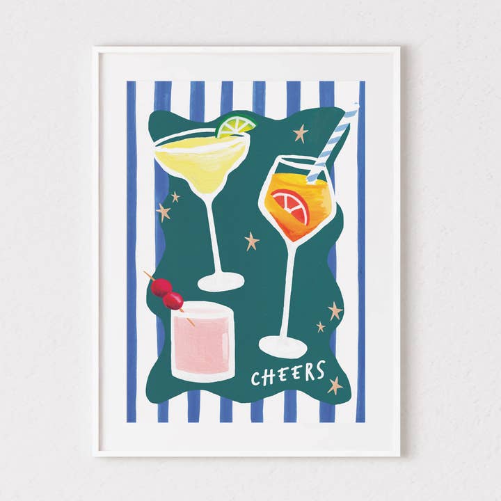 Cheers Cocktails Print, Cocktails Art Print, Kitchen print for wholesale by Charlotte Farr Illustrations