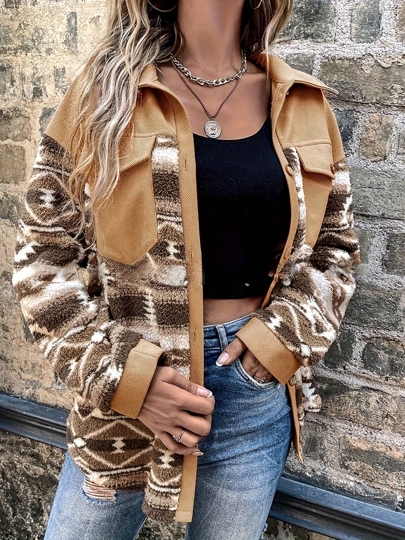 Rosa Clothing - Wholesale Jacket - Women's - Western button aztec print jacket shacket4