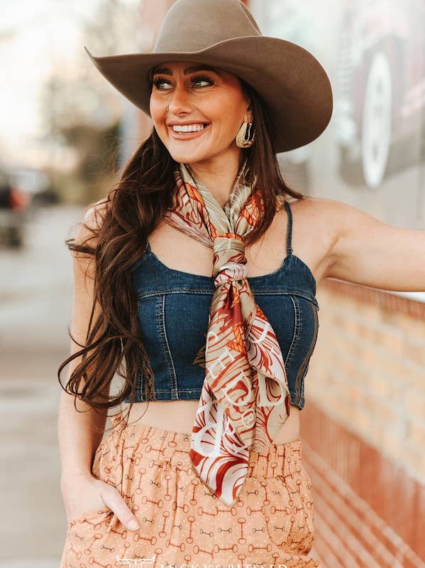 Tooled Beige Cow Skull Printed Wild Rag for wholesale by LUCKY & BLESSED