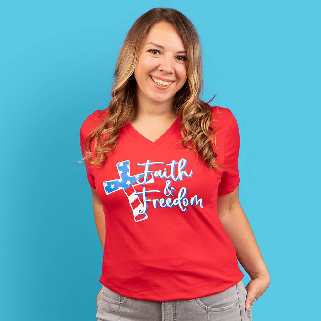 Corinthian's Corner - Wholesale Screen Printed T-Shirt - Women's - Faith And Freedom V-Neck1