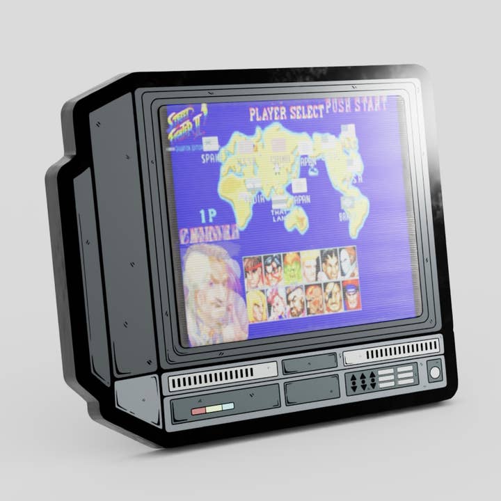 2.5" Lenticular Street Fighter 3 CRTV Enamel Pin for wholesale by GoopyGoblins