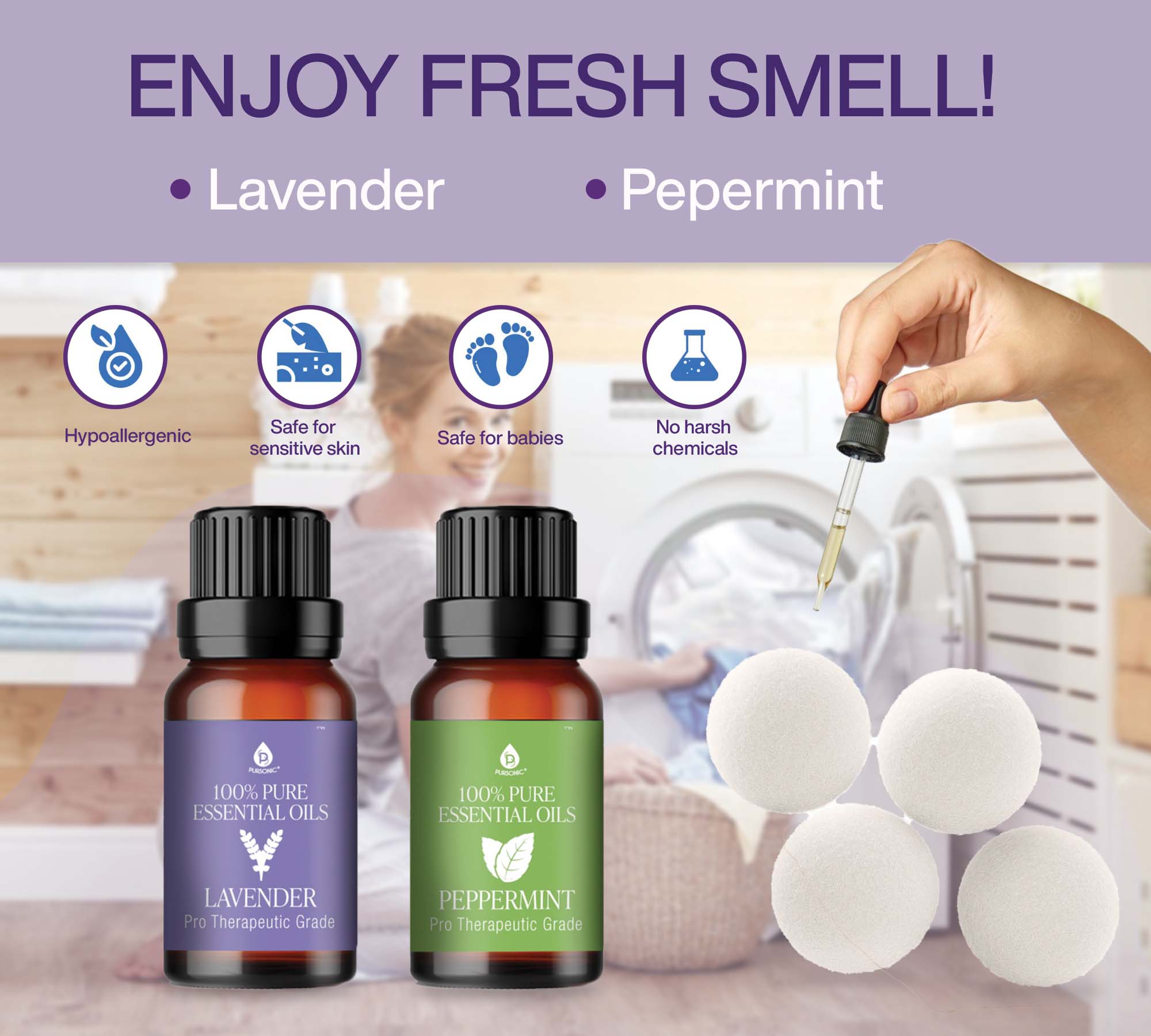 Pursonic – wholesale Dryer balls – Wool Dryer Balls Bundle, Includes Lavender & Peppermint Oils1