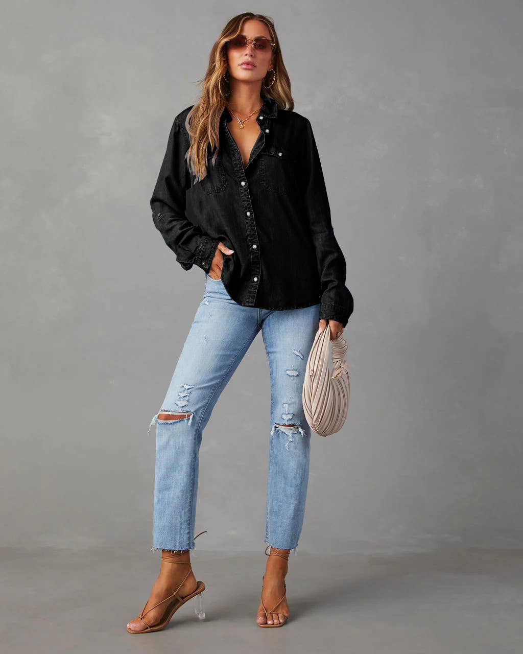 Hope & Sunshine – Camisa com botões no colarinho – Mulher por atacado – Camisa jeans casual feminina com botões7