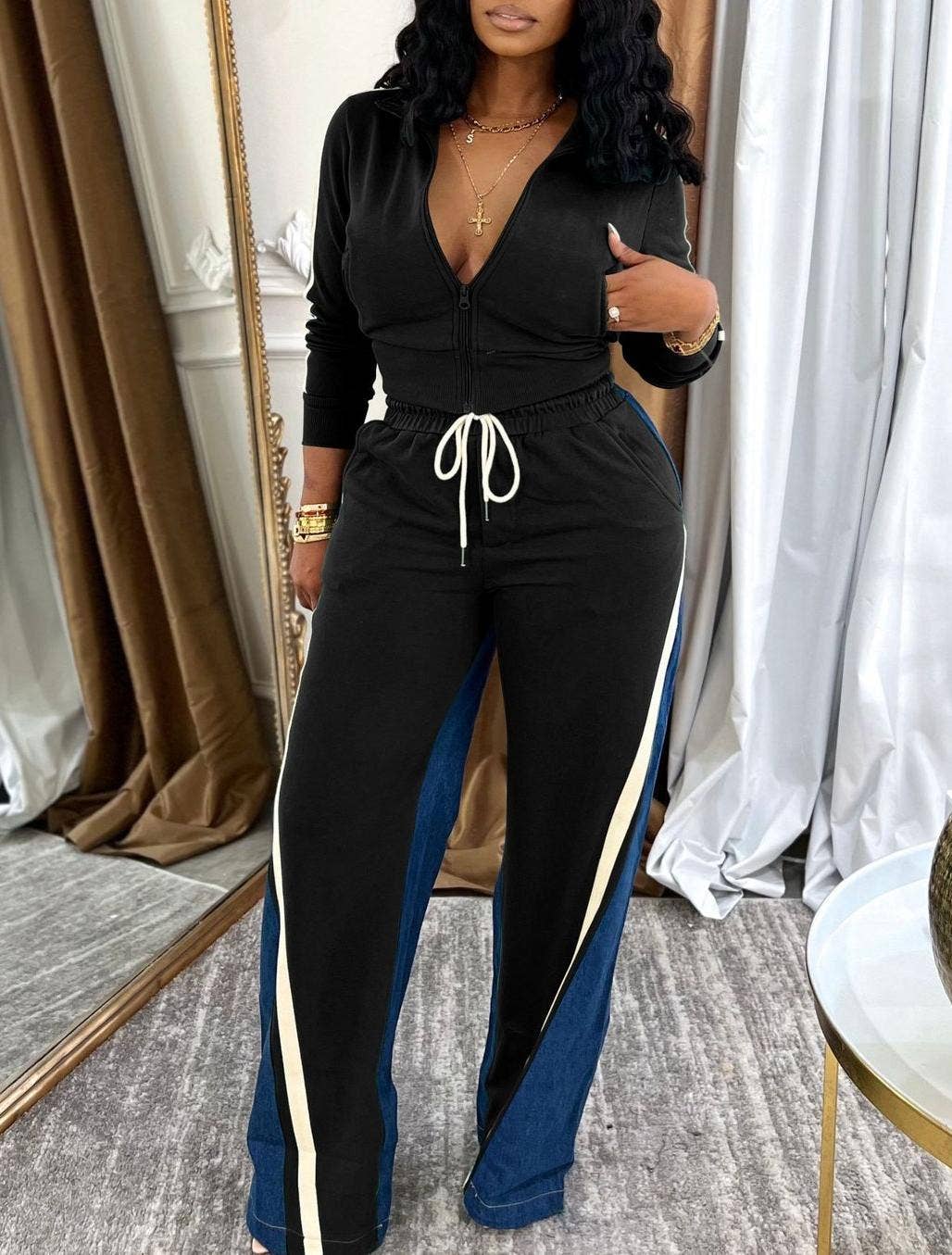 HIDDENBRAND - Wholesale Top & Pant Set (NOT Loungewear) - Women's - Long sleeves zip patchwork crop jacket pants set 2 pcs7