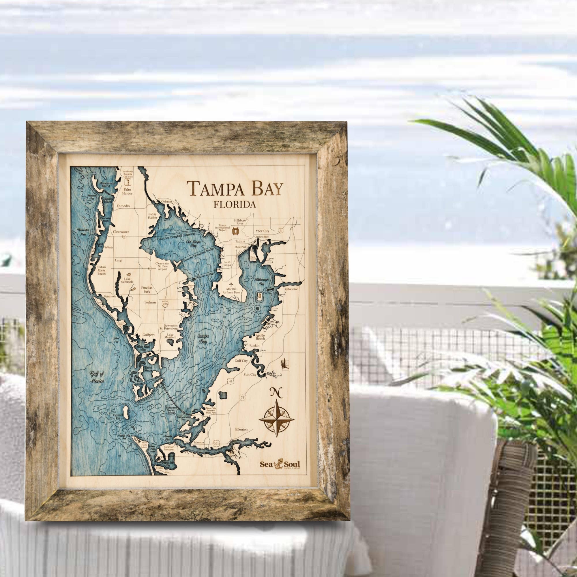 Sea & Soul Nautical Chart Art - Wholesale Map - Tampa Bay Nautical 3D Wood Map Wall Art, Coastal Home Decor12