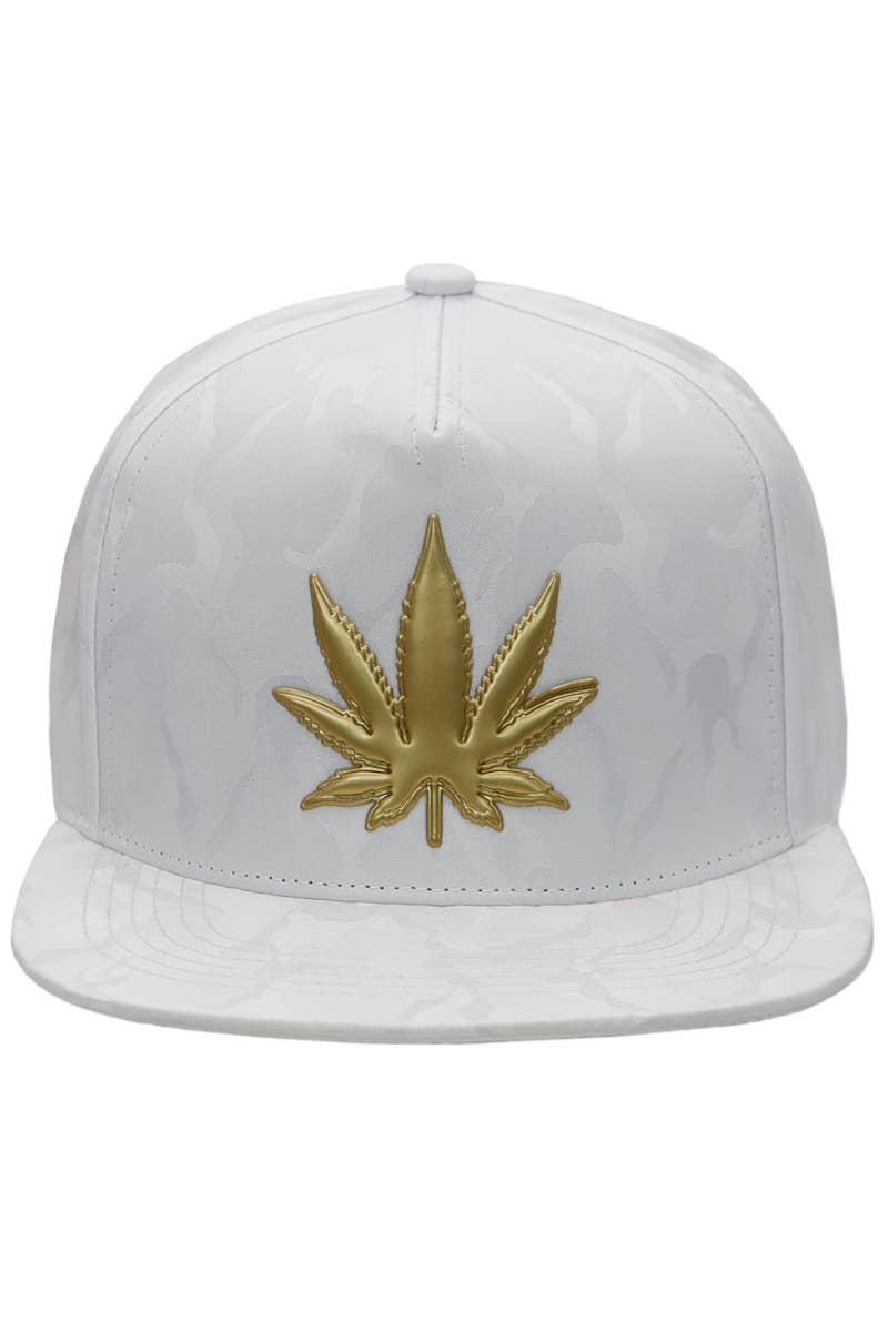 Cap Zone - Wholesale Flat Brim Cap - Men's - Gold Marijuana Leaf Embossed Camo Polyester Fabric Snapback7