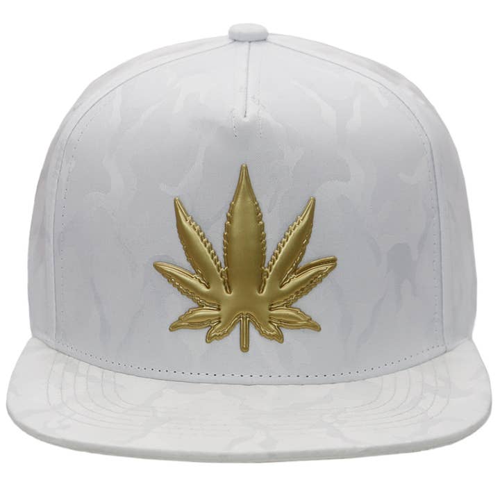 Cap Zone - Wholesale Flat Brim Cap - Men's - Gold Marijuana Leaf Embossed Camo Polyester Fabric Snapback7