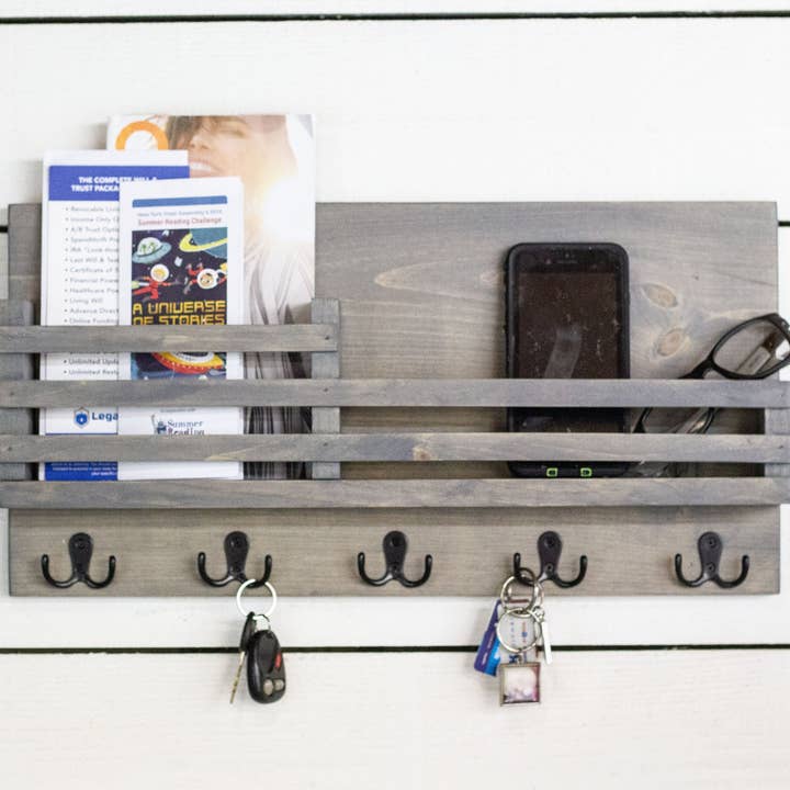 Wall Key + Mail Wood Organizer with Shelf + Railing for wholesale by The McGarvey Workshop