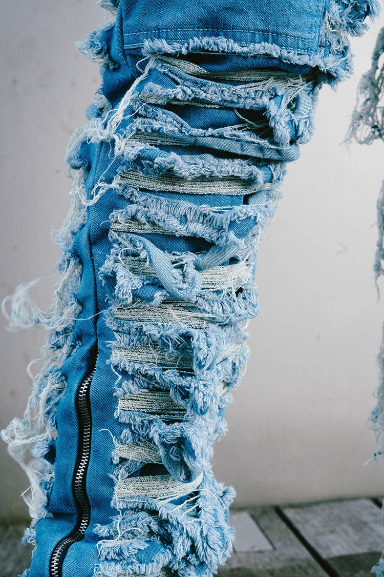 Denim Dawn Damaged Flared Stacked Jeans for wholesale on Faire7