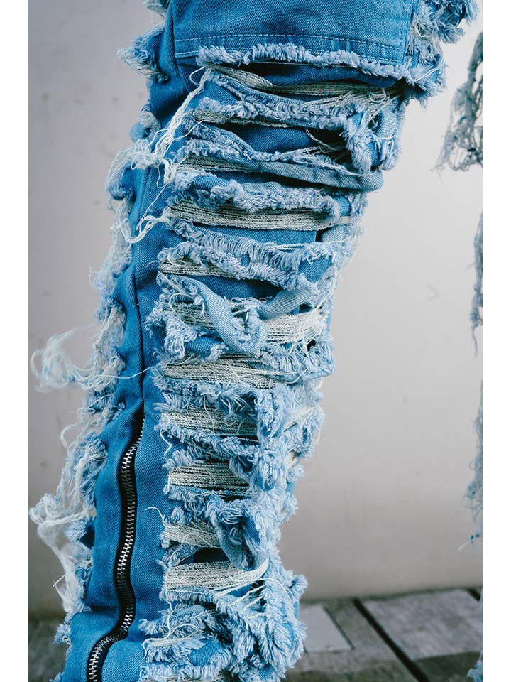 Denim Dawn Damaged Flared Stacked Jeans for wholesale on Faire7