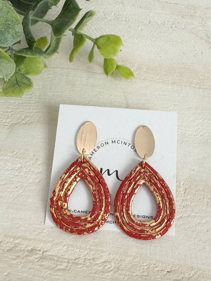 Red Polymer Clay + Gold Leaf Teardrop Earrings | Oval Post for wholesale by Cameron McIntosh Designs