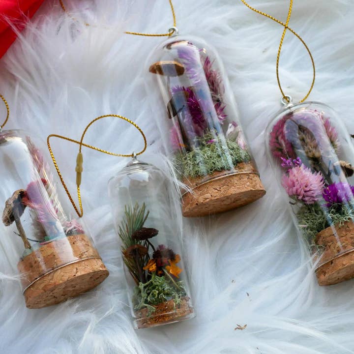 Remedy Designs - Wholesale Ornament - Mushroom terrarium, dried mushroom cloche, real flower decor, woodland christmas3