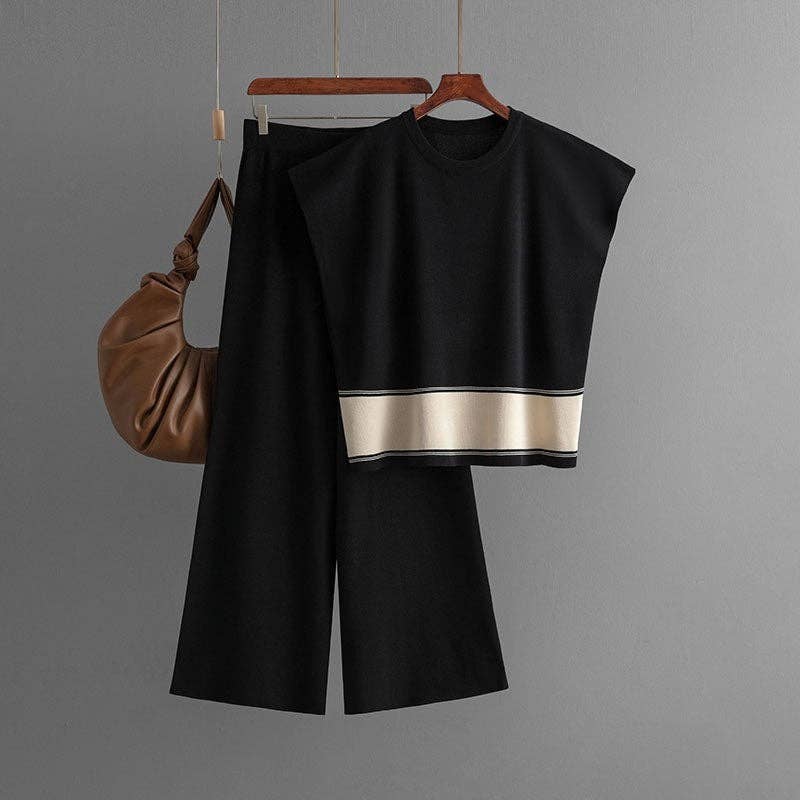 FurDecoration – wholesale Set med topp och byxa – Dam – Kortärmad stickad topp och långbyxor ensemble0