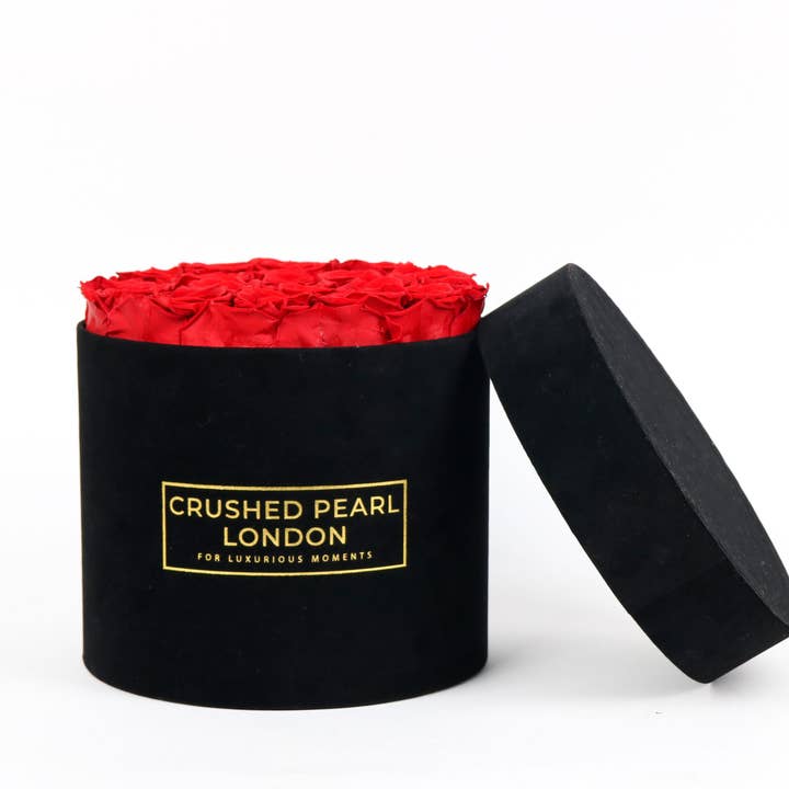Red Forever Roses - Large Black Suede Hatbox for wholesale by Crushed Pearl