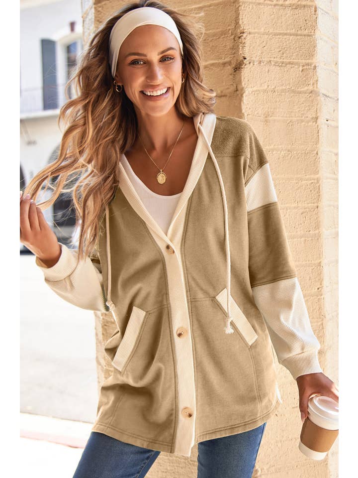 PRETTY BASH - Wholesale Hoodie - Women's - Waffle Knit Colorblock Patchwork Buttoned Hoodie10